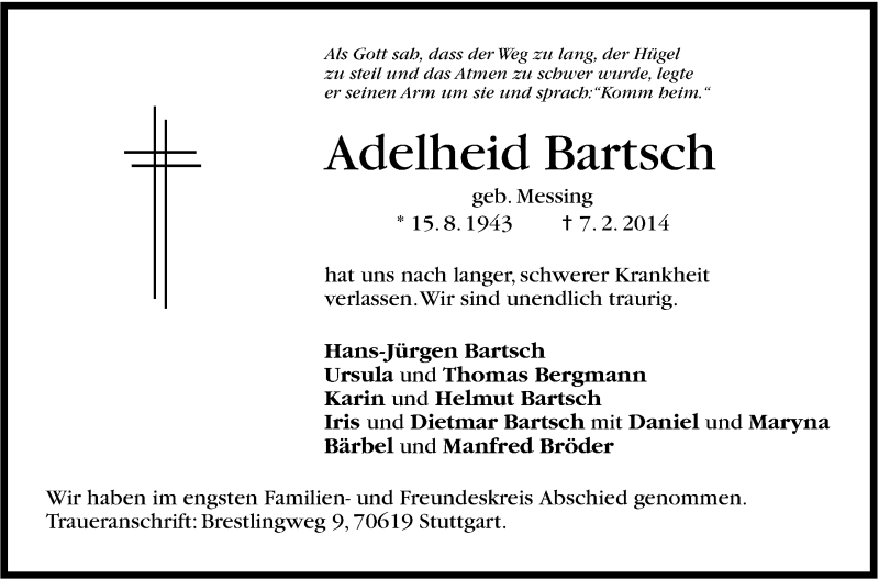  Traueranzeige für Adelheid Bartsch vom 19.02.2014 aus Stuttgarter Zeitung / Stuttgarter Nachrichten