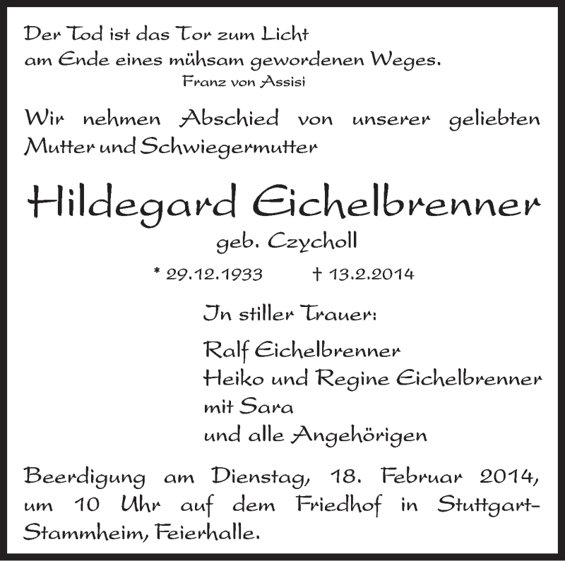  Traueranzeige für Hildegard Eichelbrenner vom 17.02.2014 aus Stuttgarter Zeitung / Stuttgarter Nachrichten