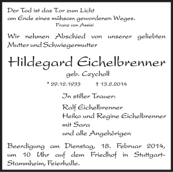 Traueranzeige von Hildegard Eichelbrenner von Stuttgarter Zeitung / Stuttgarter Nachrichten