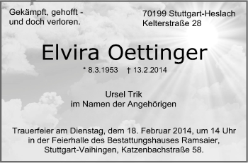 Traueranzeige von Elvira Oettinger von Stuttgarter Zeitung / Stuttgarter Nachrichten