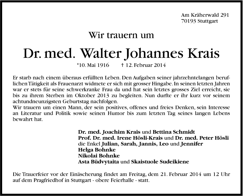  Traueranzeige für Walter Johannes Krais vom 19.02.2014 aus Stuttgarter Zeitung / Stuttgarter Nachrichten