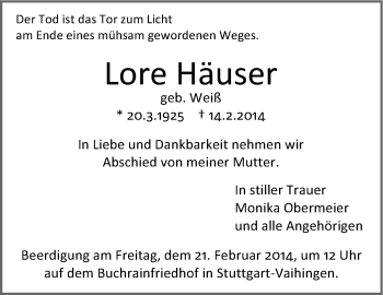 Traueranzeige von Lore Häuser von Stuttgarter Zeitung / Stuttgarter Nachrichten
