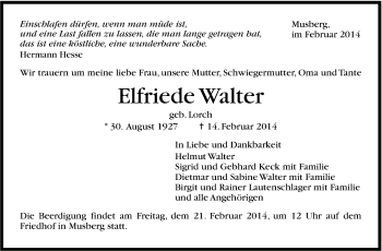 Traueranzeige von Elfriede Walter von Stuttgarter Zeitung / Stuttgarter Nachrichten
