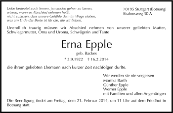 Traueranzeige von Erna Epple von Stuttgarter Zeitung / Stuttgarter Nachrichten