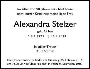 Traueranzeige von Alexandra Stelzer von Stuttgarter Zeitung / Stuttgarter Nachrichten
