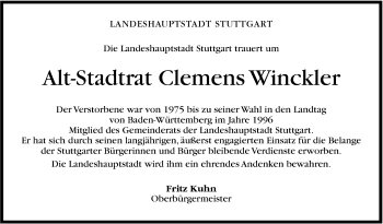 Traueranzeige von Clemens Winckler von Stuttgarter Zeitung / Stuttgarter Nachrichten