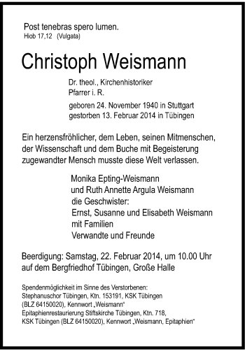 Traueranzeige von Christoph Weismann von Stuttgarter Zeitung / Stuttgarter Nachrichten