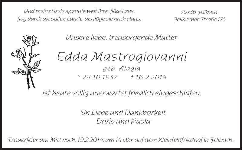  Traueranzeige für Edda Mastrogiovanni vom 18.02.2014 aus Stuttgarter Zeitung / Stuttgarter Nachrichten