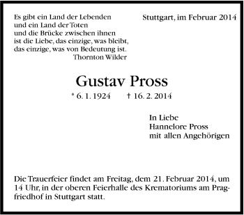 Traueranzeige von Gustav Pross von Stuttgarter Zeitung / Stuttgarter Nachrichten