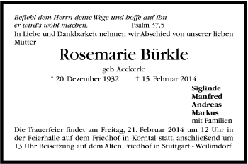 Traueranzeige von Rosemarie Bürlke von Stuttgarter Zeitung / Stuttgarter Nachrichten