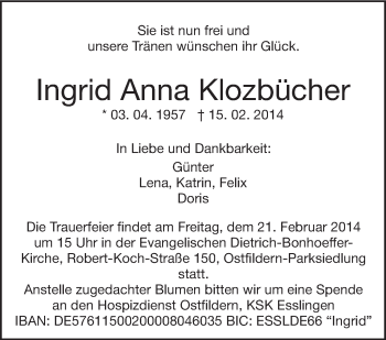 Traueranzeige von Ingrid Anna Klozbücher von Stuttgarter Zeitung / Stuttgarter Nachrichten