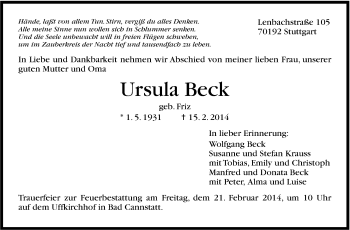 Traueranzeige von Ursula Beck von Stuttgarter Zeitung / Stuttgarter Nachrichten