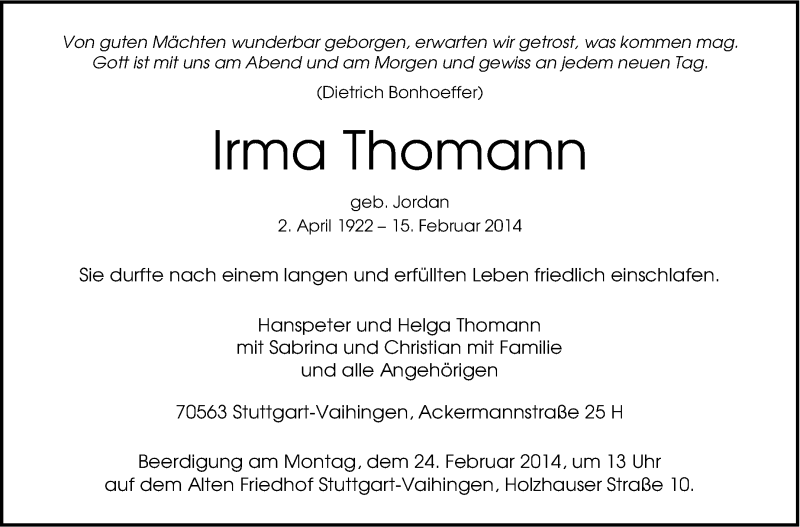  Traueranzeige für Irma Thomann vom 21.02.2014 aus Stuttgarter Zeitung / Stuttgarter Nachrichten