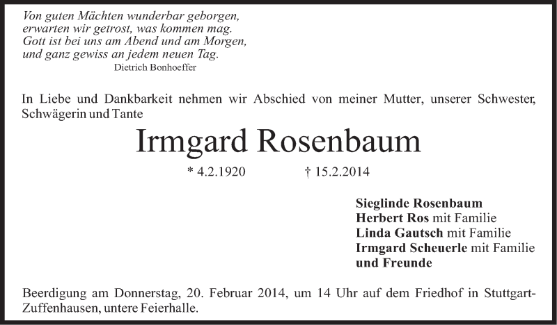  Traueranzeige für Irmgard Rosenbaum vom 19.02.2014 aus Stuttgarter Zeitung / Stuttgarter Nachrichten