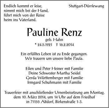 Traueranzeige von Pauline Renz von Stuttgarter Zeitung / Stuttgarter Nachrichten