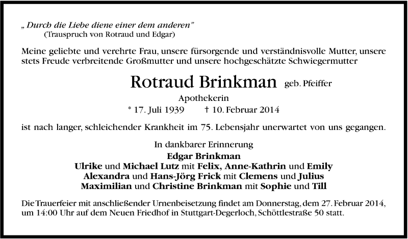  Traueranzeige für Rotraud Brinkman vom 22.02.2014 aus Stuttgarter Zeitung / Stuttgarter Nachrichten