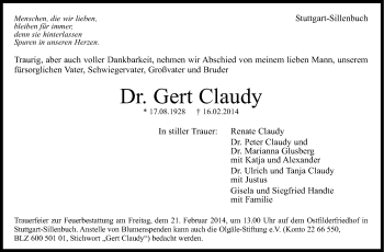 Traueranzeige von Gert Claudy von Stuttgarter Zeitung / Stuttgarter Nachrichten