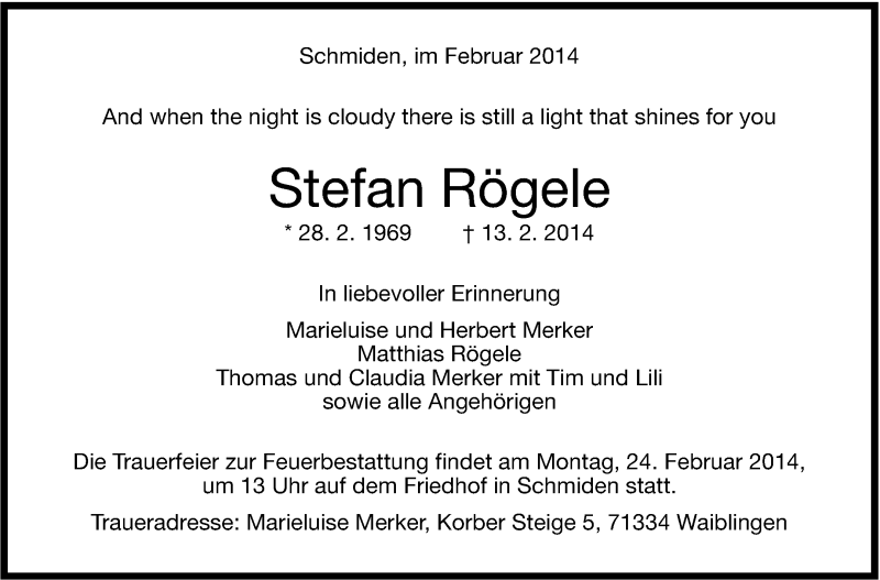  Traueranzeige für Stefan Rögele vom 20.02.2014 aus Stuttgarter Zeitung / Stuttgarter Nachrichten