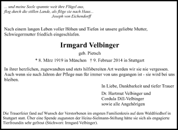 Traueranzeige von Irmgard Velbinger von Stuttgarter Zeitung / Stuttgarter Nachrichten