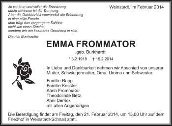 Traueranzeige von Emma Frommator von Stuttgarter Zeitung / Stuttgarter Nachrichten