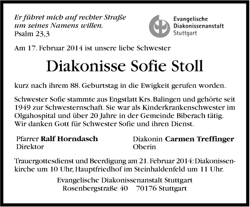 Traueranzeige für Sofie Stoll vom 19.02.2014 aus Stuttgarter Zeitung / Stuttgarter Nachrichten