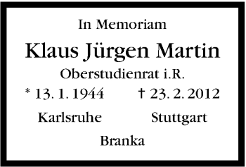 Traueranzeige von Klaus Jürgen Martin von Stuttgarter Zeitung / Stuttgarter Nachrichten