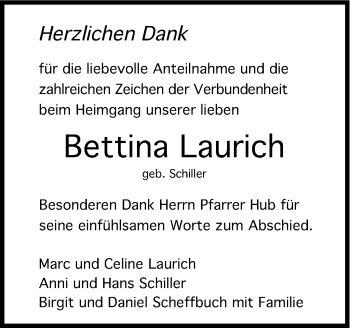 Traueranzeige von Bettina Laurich von Stuttgarter Zeitung / Stuttgarter Nachrichten