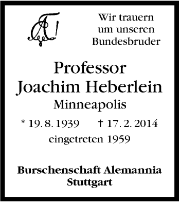 Traueranzeige von Joachim Heberlein von Stuttgarter Zeitung / Stuttgarter Nachrichten