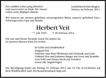 Traueranzeige von Herbert Veit von Stuttgarter Zeitung / Stuttgarter Nachrichten