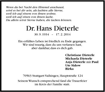 Traueranzeige von Hans Dieterle von Stuttgarter Zeitung / Stuttgarter Nachrichten