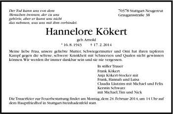 Traueranzeige von Hannelore Kökert von Stuttgarter Zeitung / Stuttgarter Nachrichten