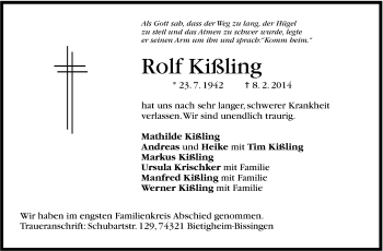 Traueranzeige von Rolf Kißling von Stuttgarter Zeitung / Stuttgarter Nachrichten