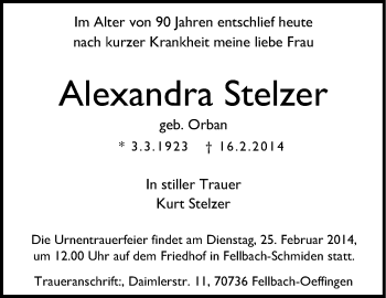 Traueranzeige von Alexandra Stelzer von Stuttgarter Zeitung / Stuttgarter Nachrichten