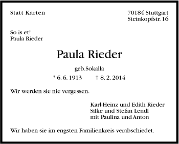 Traueranzeige von Paula Rieder von Stuttgarter Zeitung / Stuttgarter Nachrichten