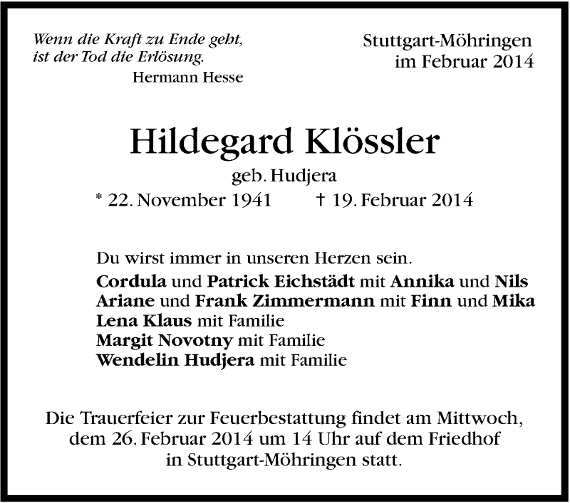  Traueranzeige für Hildegard Klössler vom 22.02.2014 aus Stuttgarter Zeitung / Stuttgarter Nachrichten