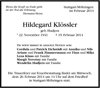 Traueranzeige von Hildegard Klössler von Stuttgarter Zeitung / Stuttgarter Nachrichten