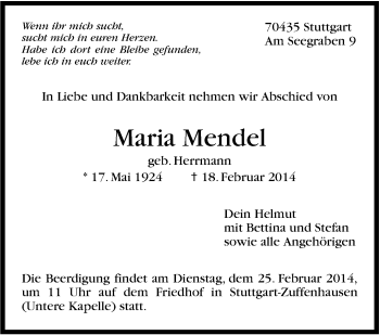 Traueranzeige von Maria Mendel von Stuttgarter Zeitung / Stuttgarter Nachrichten