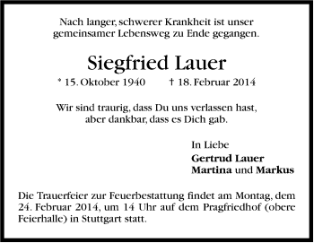 Traueranzeige von Siegfried Lauer von Stuttgarter Zeitung / Stuttgarter Nachrichten