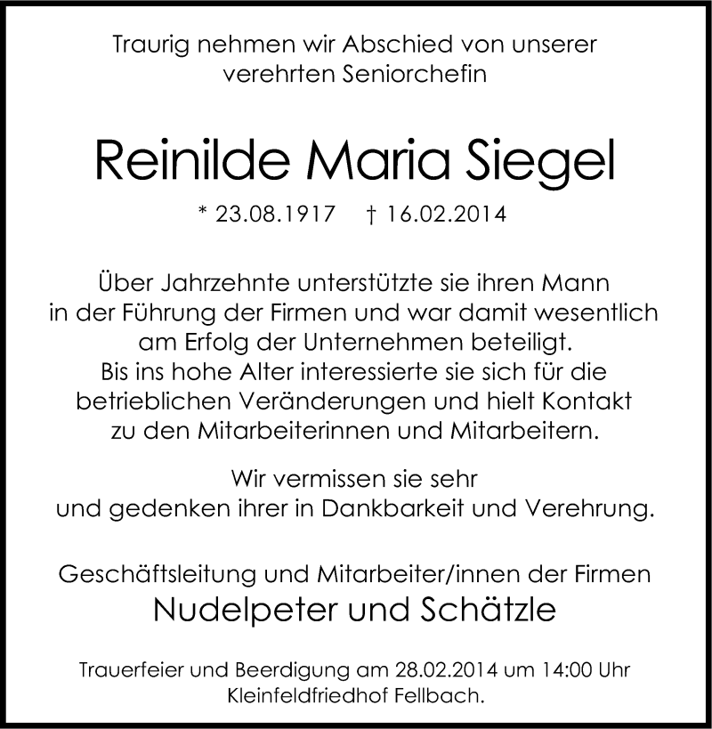  Traueranzeige für Reinilde Maria Siegel vom 22.02.2014 aus Stuttgarter Zeitung / Stuttgarter Nachrichten