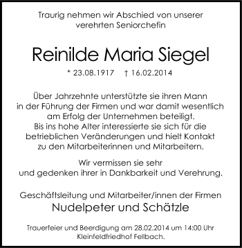 Traueranzeige von Reinilde Maria Siegel von Stuttgarter Zeitung / Stuttgarter Nachrichten