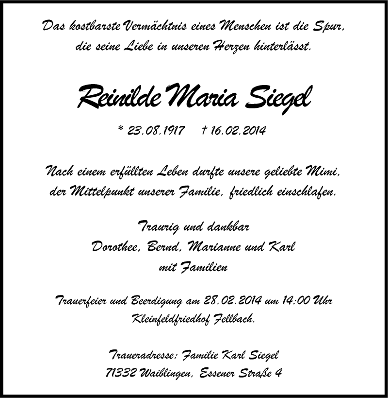  Traueranzeige für Reinilde Maria Siegel vom 22.02.2014 aus Stuttgarter Zeitung / Stuttgarter Nachrichten