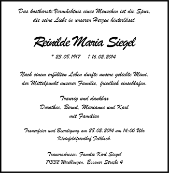 Traueranzeige von Reinilde Maria Siegel von Stuttgarter Zeitung / Stuttgarter Nachrichten
