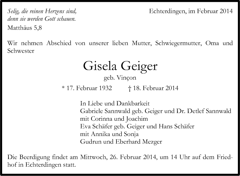  Traueranzeige für Gisela Geiger vom 22.02.2014 aus Stuttgarter Zeitung / Stuttgarter Nachrichten