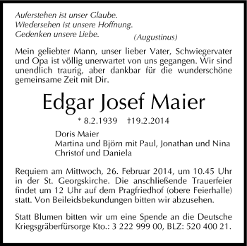Traueranzeige von Edgar Josef Maier von Stuttgarter Zeitung / Stuttgarter Nachrichten