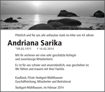 Traueranzeige von Andriana Sarika von Stuttgarter Zeitung / Stuttgarter Nachrichten