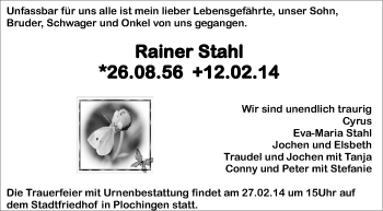 Traueranzeige von Rainer Stahl von Stuttgarter Zeitung / Stuttgarter Nachrichten