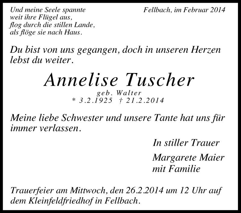 Traueranzeige für Annelise Tuscher vom 24.02.2014 aus Stuttgarter Zeitung / Stuttgarter Nachrichten