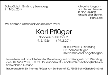 Traueranzeige von Karl Pflüger von Stuttgarter Zeitung / Stuttgarter Nachrichten
