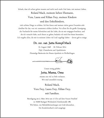 Traueranzeige von Jutta Kempf-Mack von Stuttgarter Zeitung / Stuttgarter Nachrichten