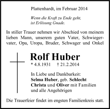 Traueranzeige von Rolf Huber von Stuttgarter Zeitung / Stuttgarter Nachrichten